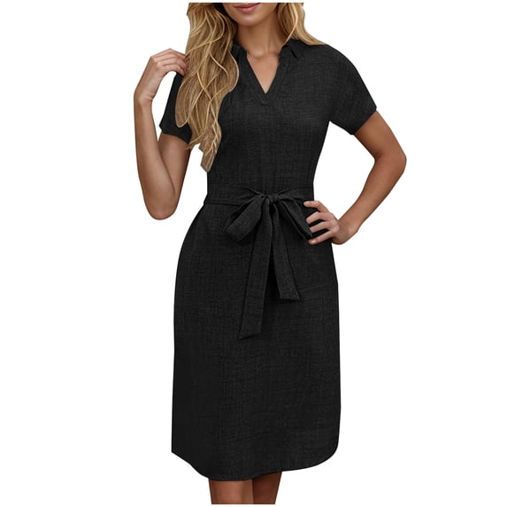 Plus Women Dresses Summer Fashion Solid Color V-neck Solid Color Short-sleeved Bow Belt Summer Dress Casual Beach Party Dress