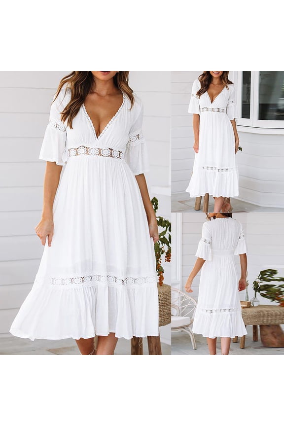 Women Dresses Fashion Dresses Chiffon Solid V-neck Sexy Short Sleeved Fashion Dresses White Trendy Skirt Size S