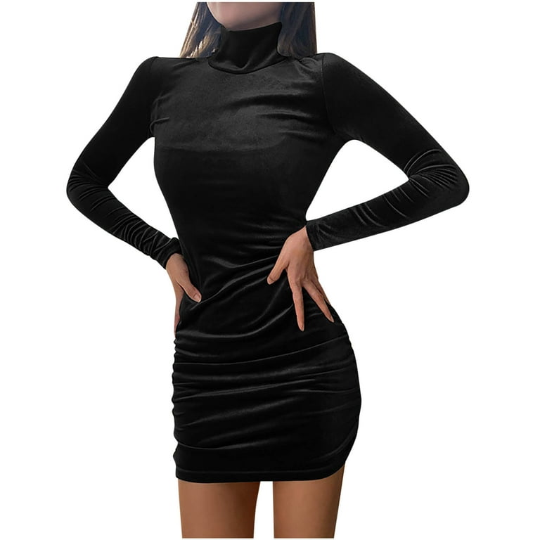 Women Dresses Holiday Fashion Women's Casual Long Sleeve Solid Ladies Retro  Golden Velvet Half High Collar Slim Dress Daily Long Sleeve High Neck Retro  Solid Color Slim Fit Dress 