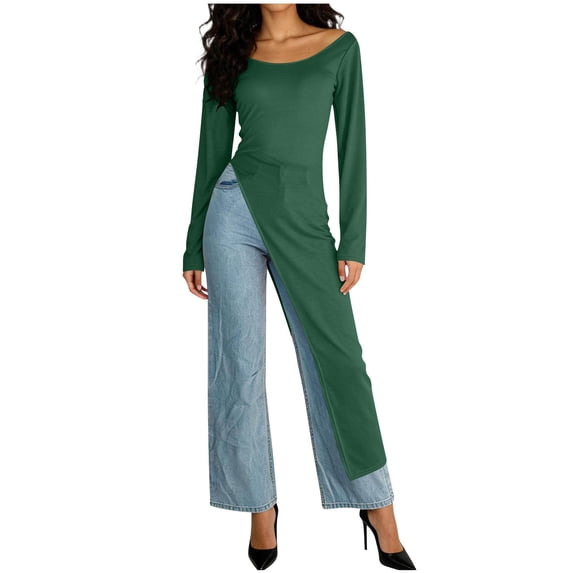 Women Dresses Long-Sleeve Asymmetrical Dress Jumpsuit Fashion Round Neck Solid Outfit A-Line Party Dress with Pockets