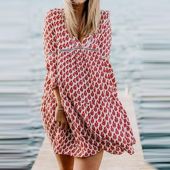 Women Dresses Long Sleeved Printed Sexy Leisure Dresses Printed Loose V-neck Fashion Dresses Red Trendy Skirt Size M