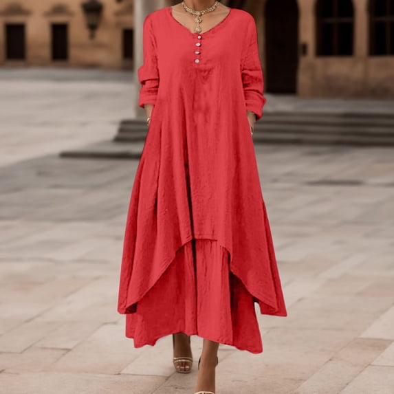 Women Dresses Loose Casual Long Sleeve Crew Neck Solid Color Irregular Hem Maxi Dress Dress for Women Red XXXXL