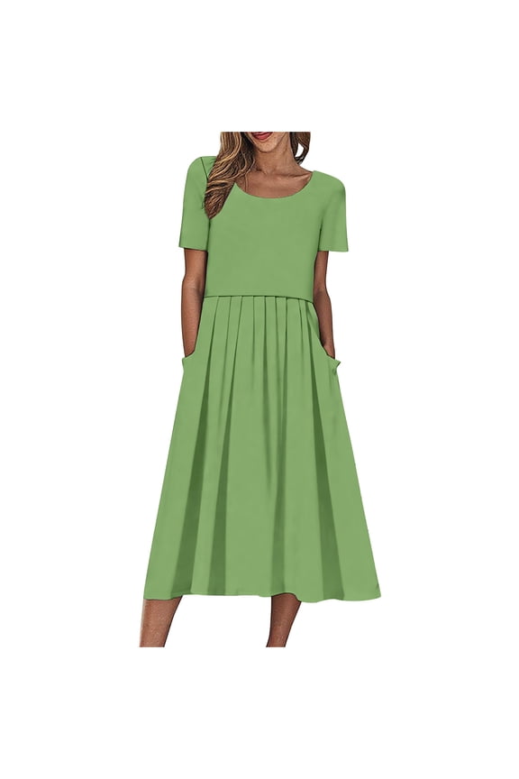 Women Dresses Party Elegant Casual Round Neck Solid Short Sleeve Dress With Pocket Vacation Daily Folded Wedding Guest Cocktail Clubbing Dresses Evening Gowns