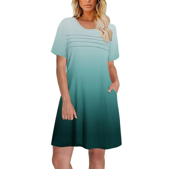 Women Dresses Party Elegant Gradient Print Short Sleeve Round Neck Front Pleated Dress With Pocket for Special Occasions Summer Spring