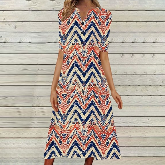 Women Dresses Party Elegant Solid Color Loose Casual Trendy Printed Short Sleeved V Neck Mid Calf Dress Wedding Guest Cocktail Clubbing Dresses Evening Gowns