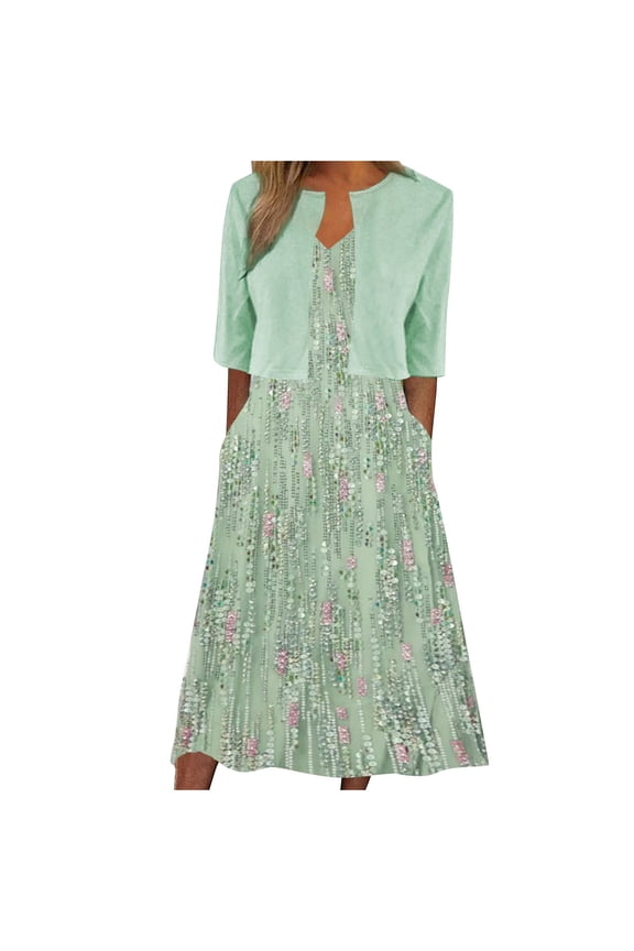 Women Dresses Party Elegant Two-Piece Summer Printed V Neck A Line Tank Dress Half Sleeve Cardigan Tops Set Suit Wedding Guest Cocktail Clubbing Dresses Evening Gowns