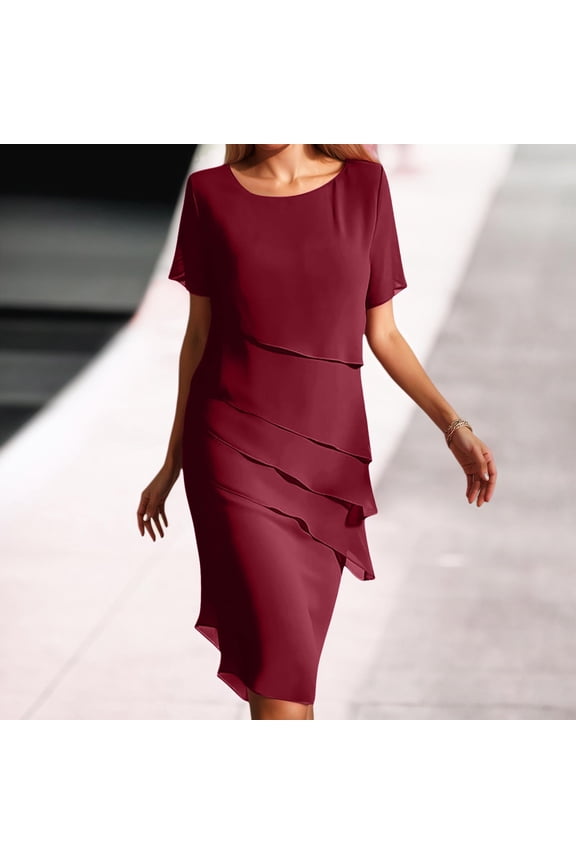 Women Dresses Patchwork Round Neck Short Sleeve Solid Color Mid Length Summer Dress for Women Red S