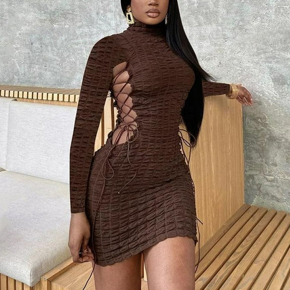 Women Dresses Plus Dresses Flared Fashion Dresses Brown Trendy Skirt Size M