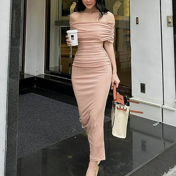 Women Dresses Plus Dresses Sexy Sleeveless Solid Strapless Fashion Dresses Pink Trendy Skirt Size 3XL
