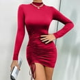 thumbnail image 1 of Women Dresses Plus Long Sleeved Solid Sexy High Collar Fashion Dresses Drawstring Fashion Dresses Red Trendy Skirt Size S, 1 of 7