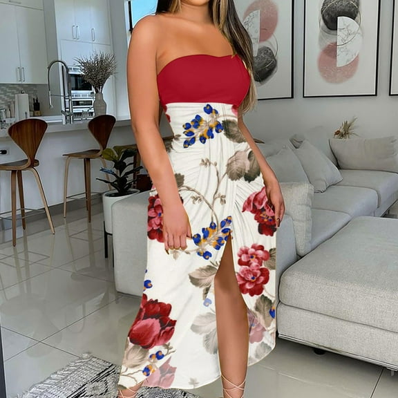 Women Dresses Plus Printed Strapless Sexy Sleeveless Sling Shoulder strap Dresses Fashion Dresses Wine Trendy Skirt Size 2XL