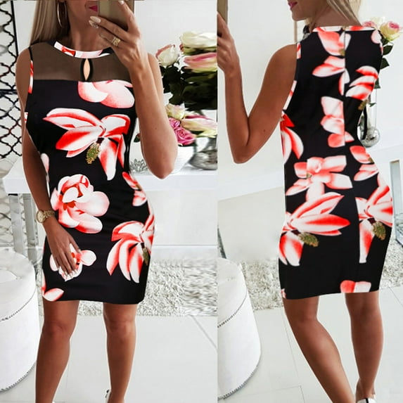 Women Dresses Plus Sexy Frenulum Printed Sleeveless Dresses Printed Fashion Dresses Red Trendy Skirt Size XL