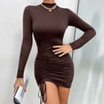 thumbnail image 1 of Women Dresses Plus Sexy Long Sleeved Solid High Collar Fashion Dresses Drawstring Fashion Dresses Brown Trendy Skirt Size L, 1 of 9