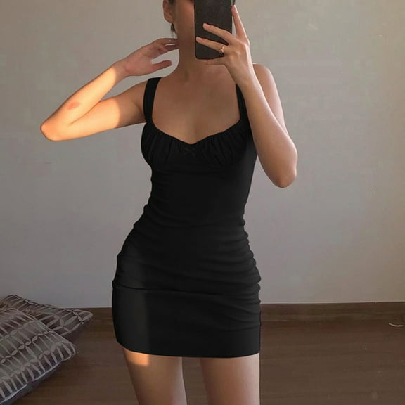 Women Dresses Plus Sexy Solid Dresses Sling Sleeveless Fashion Dresses Black Trendy Skirt Size S