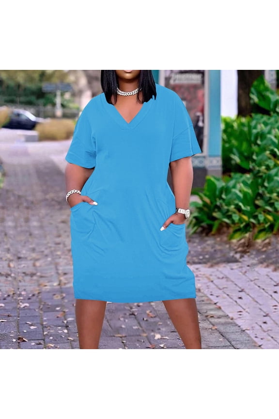 Women Dresses Plus Size Dress for Women V Neck Summer Solid Casual Sundresses Pocket Knee Short Sleeve with Pockets Women Dress