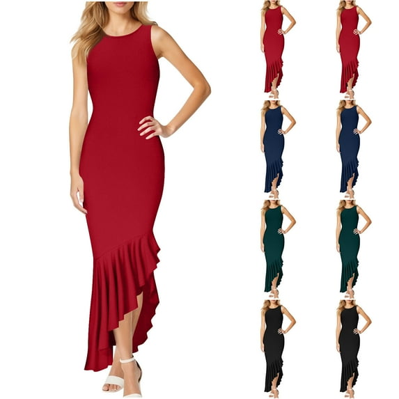 Women Dresses Plus Size Sleeveless Crew Neck Summer Casual Ruffle Hem Maxi Bodycon Party Wedding Guest Dress Black L