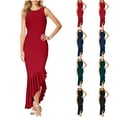 thumbnail image 1 of Women Dresses Plus Size Sleeveless Crew Neck Summer Casual Ruffle Hem Maxi Bodycon Party Wedding Guest Dress Red XL, 1 of 8
