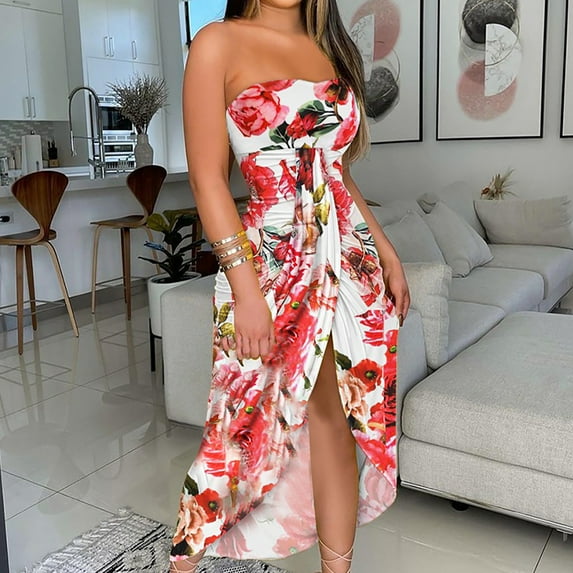 Women Dresses Plus Sleeveless Strapless Sling Shoulder strap Dresses Printed Sexy Fashion Dresses Red Trendy Skirt Size S