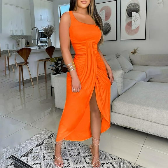 Women Dresses Plus Solid Sexy Leggings Dresses Strapless Sleeveless Fashion Dresses Orange Trendy Skirt Size XL