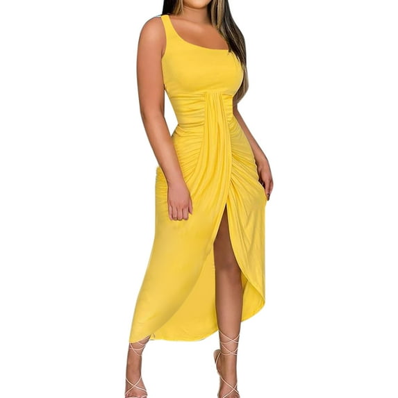 Women Dresses Plus Solid Strapless Leggings Dresses Sleeveless Sexy Fashion Dresses Yellow Trendy Skirt Size L