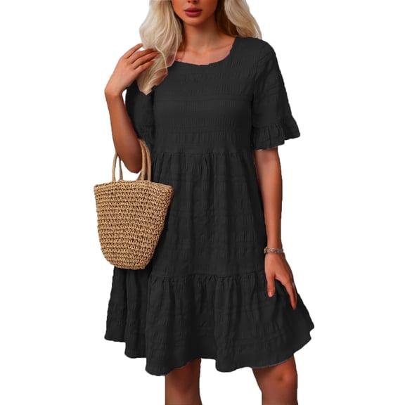 Women Dresses Polka Dot Flounce Hem Smock Dress