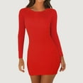 thumbnail image 1 of Women Dresses Round neck Sexy Solid Long Sleeved Leisure Dresses Fashion Dresses Red Trendy Skirt Size M, 1 of 8