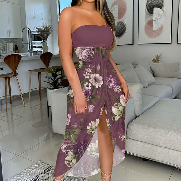 Women Dresses Sling Shoulder strap Dresses Sexy Strapless Printed Sleeveless Fashion Dresses Purple Trendy Skirt Size S