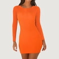 thumbnail image 1 of Women Dresses Solid Sexy Long Sleeved Leisure Dresses Round neck Fashion Dresses Orange Trendy Skirt Size L, 1 of 9