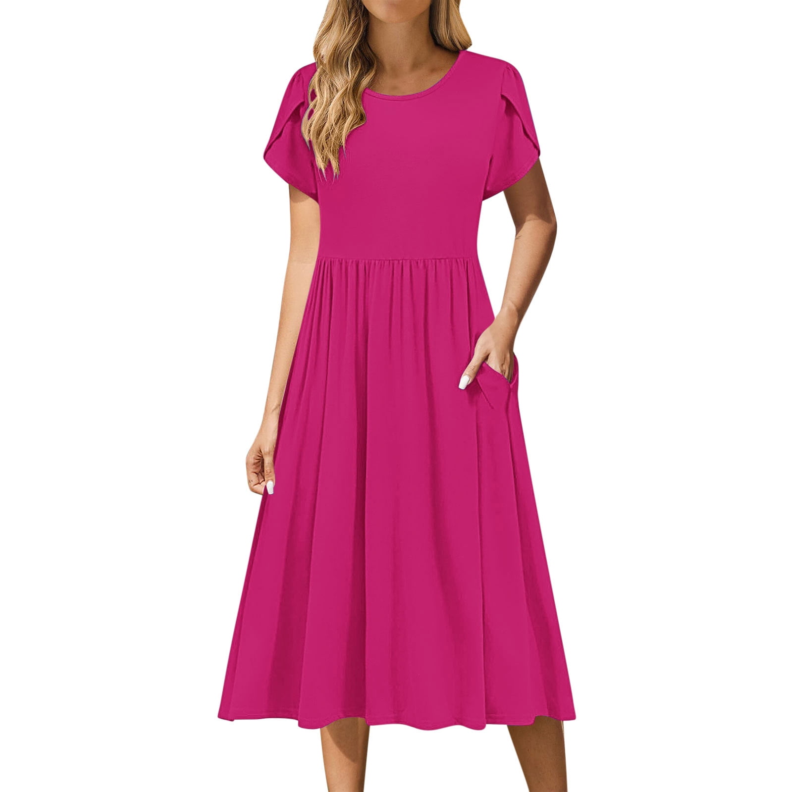 JISngxdf Women Dresses for Special Occasions Summer Casual Spring Short Sleeve Dress With Pockets Beach A Line Casual Dress Plus Size Ladies Skirt