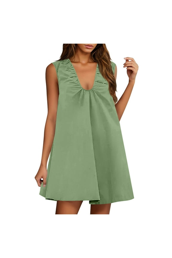 Women Dresses for Special Occasions Summer European And Style-neck Linen Sleeveless Solid Color Dress Sleeveless-neck Knee Length Dress Ladies Skirt Party Elegant UK For Prom