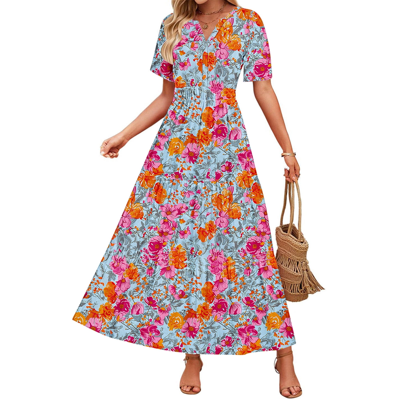 JISngxdf Women Dresses for Special Occasions Summer Trendy Print Short Sleeve V-Neck Pleated Long Maxi Dresses Elastic Waist Boho Beach Dress Pockets JISngxdf Women Dresses for Special Occasions Summer Trendy Print Short Sleeve V-Neck Pleated Long Maxi Dresses Elastic Waist Boho Beach Dress Pockets