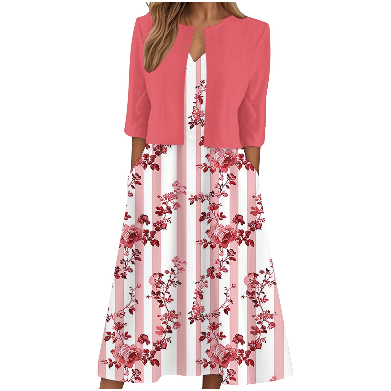 Women Dresses for Special Occasions Summer Two-Piece Printed V-Neck Elegant A Line Tank Dress And Half Sleeve Cardigan Tops Set Suit Plus Size Ladies Skirt Party Elegant UK For Prom