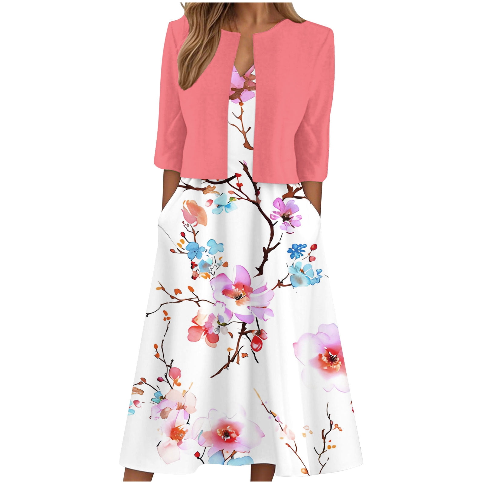 Women Dresses for Special Occasions Summer Two-Piece Printed V-Neck Elegant A Line Tank Dress And Half Sleeve Cardigan Tops Set Suit Plus Size Ladies Skirt Party Elegant UK For Prom
