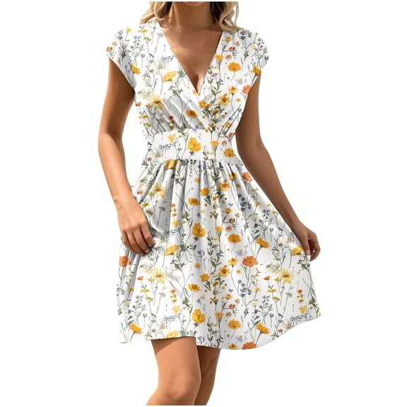 Women Dresses for Special Occasions Summer V-Neck Floral Printed Casual Short Sleeve Waisted Mini Dress Plus Size Ladies Skirt Party Elegant UK For Prom