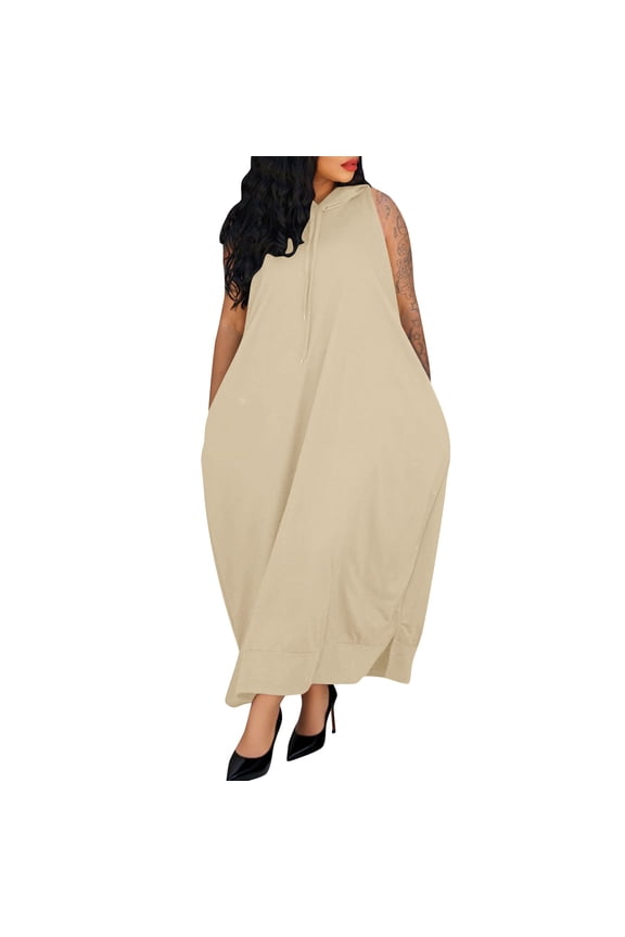 Women Dresses Summer Boho Solid Print Crew Neck Long Dress Leisure Slim Fit Sleeveless Dresses