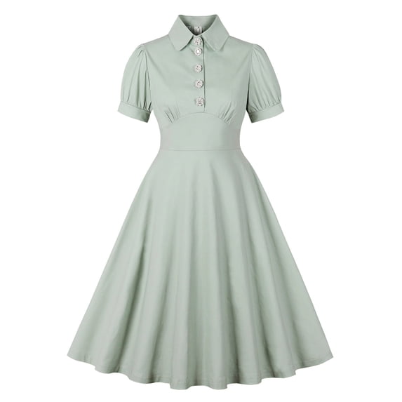 Women Dresses Summer Casual V-Neck ButtonZipper Short Sleeve Solid Dress