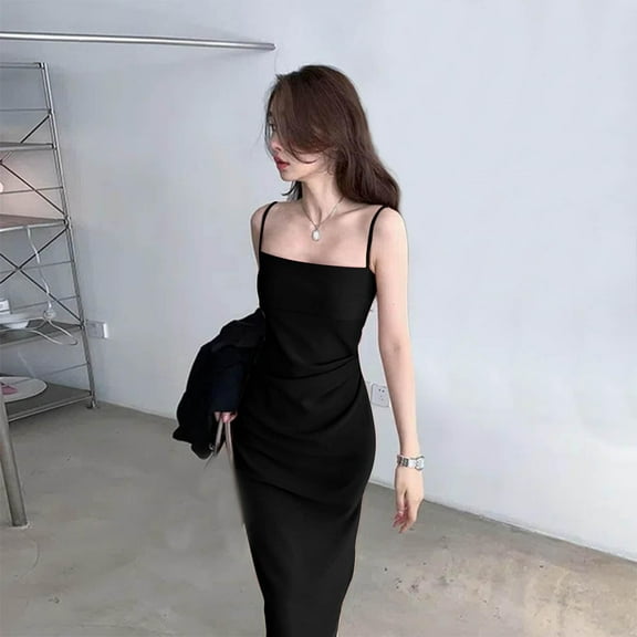 Women Dresses Summer Solid Color Square Neckline Mid-Length Dress Casual Slim Fit Sleeveless Holiday Party Dresses