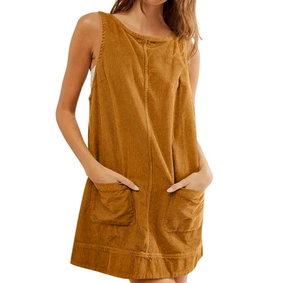 Women Dresses Under $10! Xqxayjr Women's Corduroy Overall Dress Round Neck A Line Skirtall Jumper Mini Dress Pinafore with Pockets