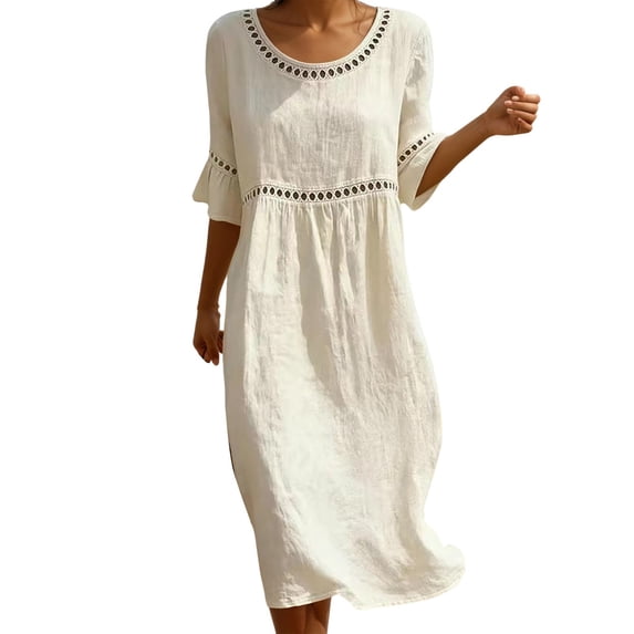 Women Dresses Women's Elegant Lace Hollow Out Casual Dress Crew Neck Short Sleeve Solid Mini Summer Breathable White S
