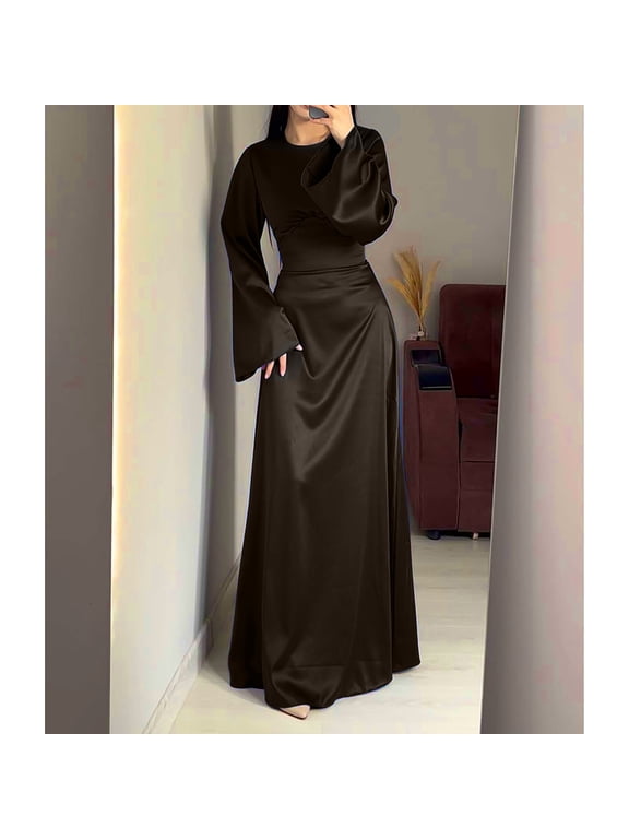 Women Dresses Women's High-end Satin Long Sleeved Loose Fitting Dress Elegant Temperament Evening Long Dress Cocktail Date Night Dressy Dress Coffee S-2XL