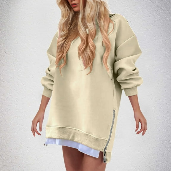 Women Dresses Women's Loose Casual Sweatshirt Long-sleeved Solid Color Round Neck Pullover Top with Splicing Side Zipper Short Dresses Beige S-2XL