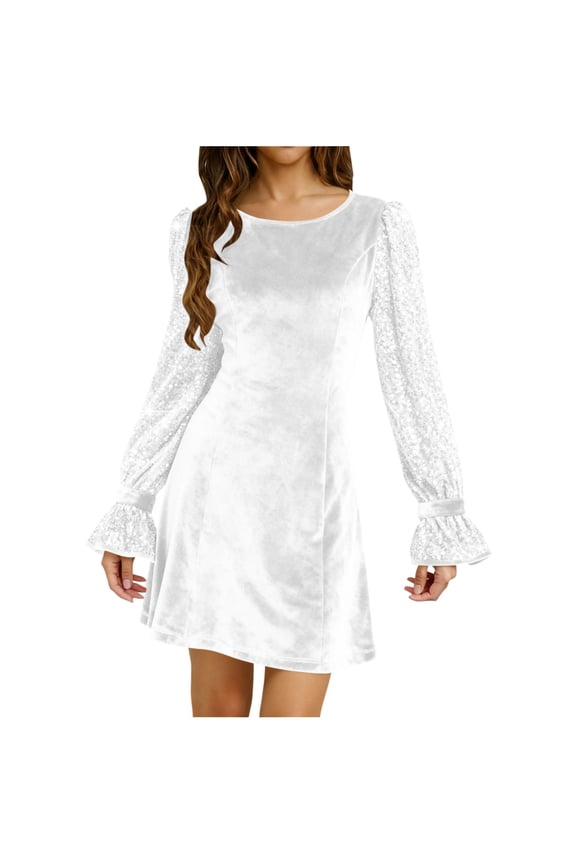 Women Dresses for Special Occasions Summer Trendy Solid Color Long Sleeve Round-Neck Dress Plus Size Ladies Skirt Party Elegant UK For Prom