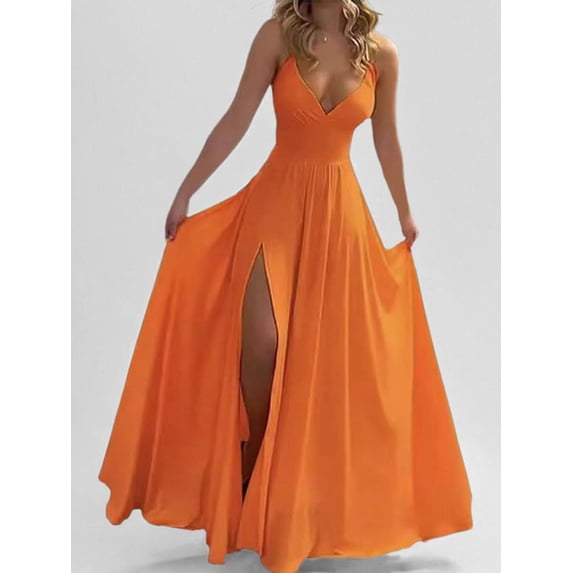 Women Dresses with Slit A Line Spaghetti Prom Evening Party Gown Orange XL