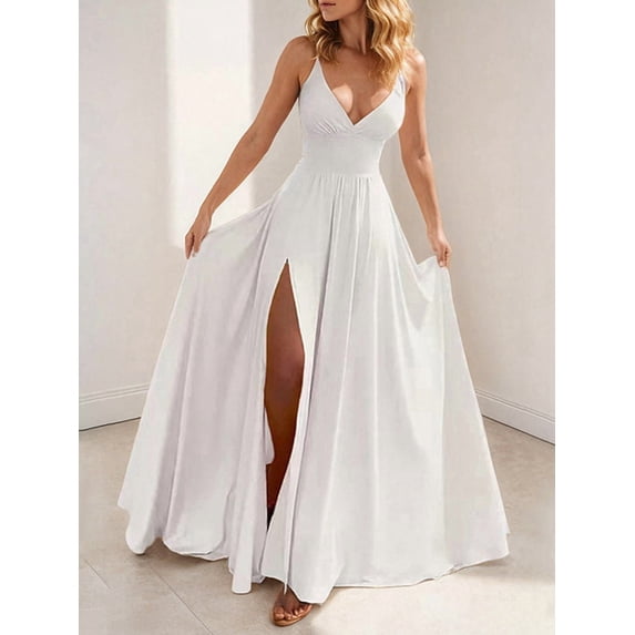 Women Dresses with Slit A Line Spaghetti Prom Evening Party Gown White L