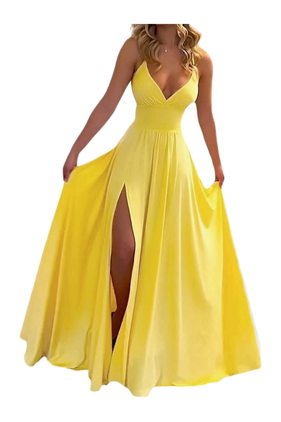 Women Dresses with Slit A Line Spaghetti Prom Evening Party Gown Yellow S