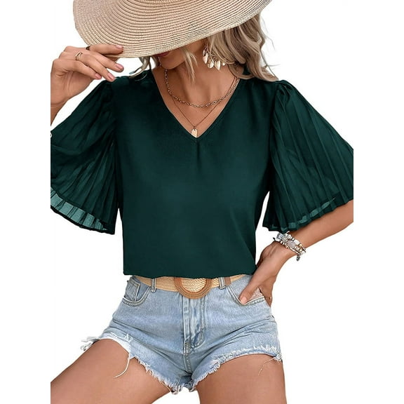 Women Dressy Blouses Summer Puff Petal Short Sleeve Shirts V Neck Business Casual Work Tops Dark Green S