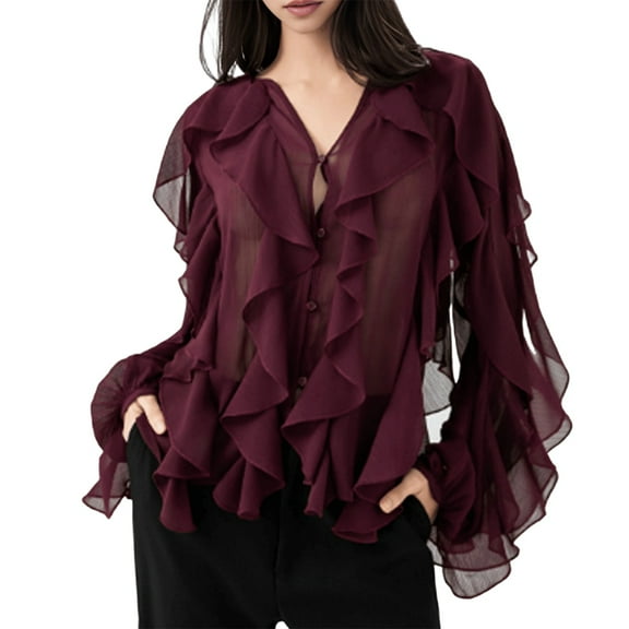 Women Dressy Casual Blouse Business Long Sleeve V Neck - Tops Office Work Outfit Wine Red L