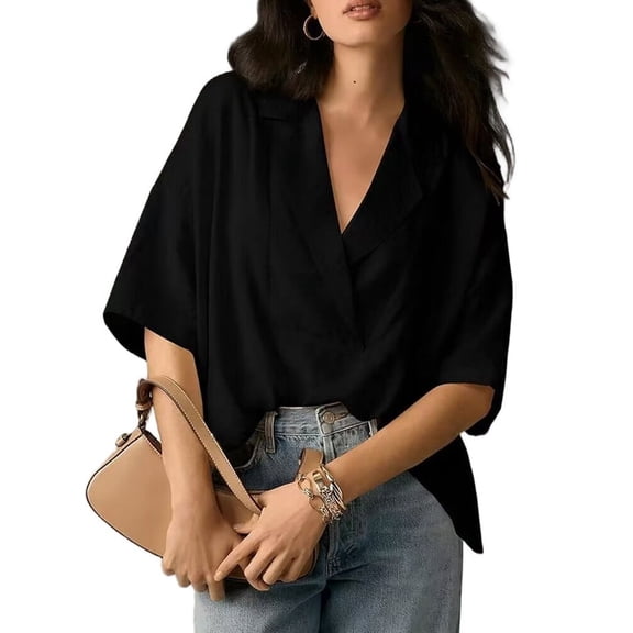 Women Dressy Casual Blouse Business Short Sleeve Collared Tops Placket V Neck Work Shirt black M