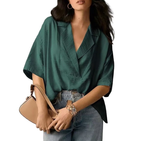 Women Dressy Casual Blouse Business Short Sleeve Collared Tops Placket V Neck Work Shirt green L