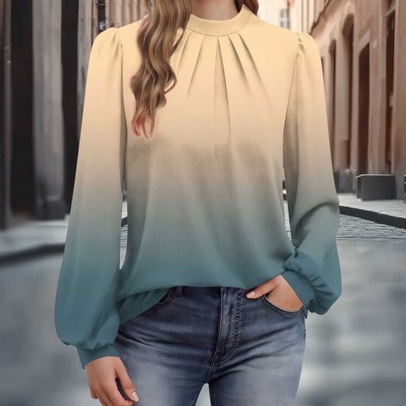 Women Dressy Casual Blouse Mock Neck Long Sleeve Pleated Shirts Gradient Printed Elegant Business Work Shirt Yellow M